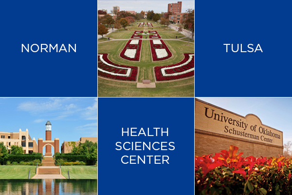 Graphic shows a picture of Norman, Tulsa, and Health Science Center OU campuses.